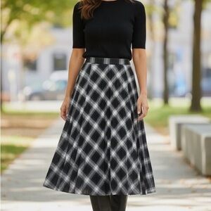 Mango Black & White Plaid Midi Skirt